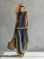 Women's Chic Linen Set with Loose Fit and Two-Tone Design 0