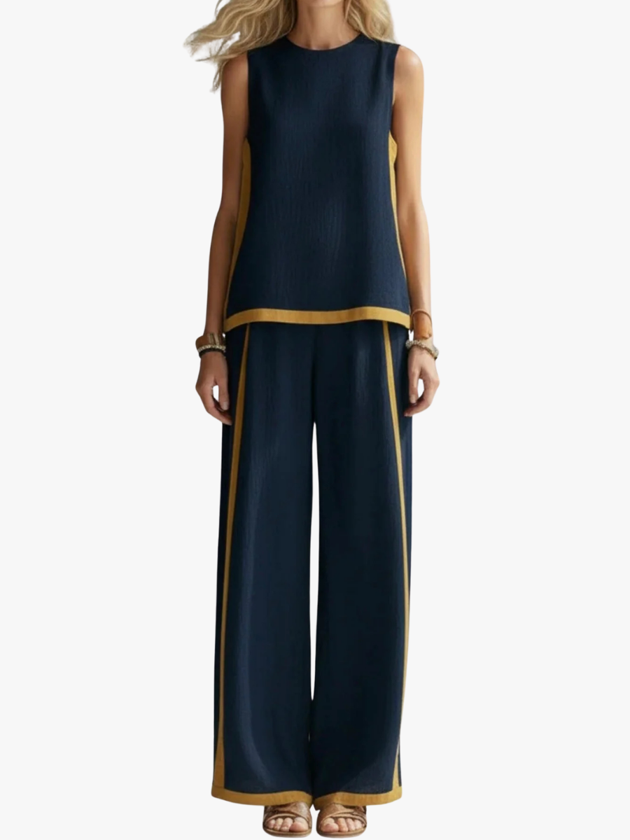 Women's Chic Linen Set with Loose Fit and Two-Tone Design 1