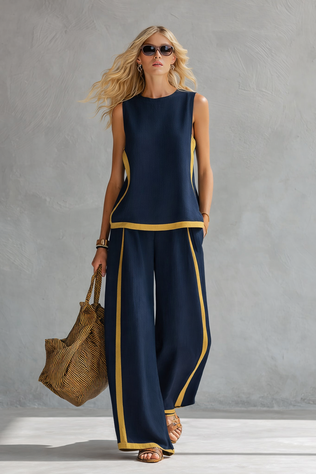 Women's Chic Linen Set with Loose Fit and Two-Tone Design 2