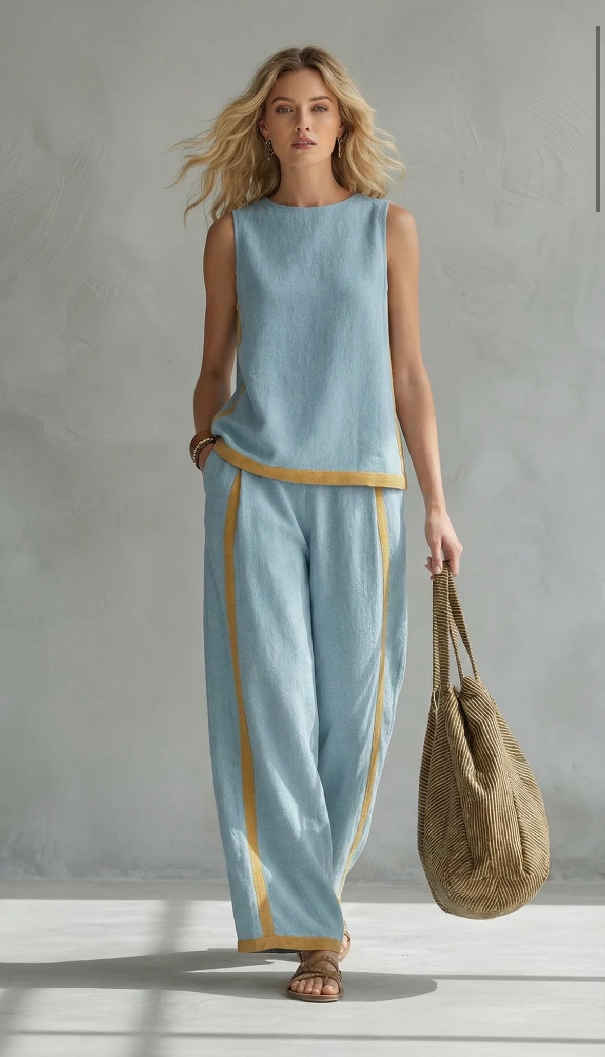 Women's Chic Linen Set with Loose Fit and Two-Tone Design 4