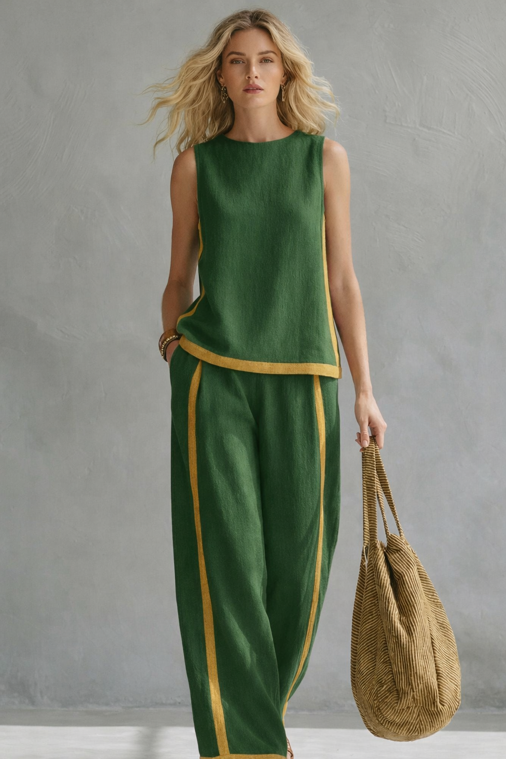 Women's Chic Linen Set with Loose Fit and Two-Tone Design 5