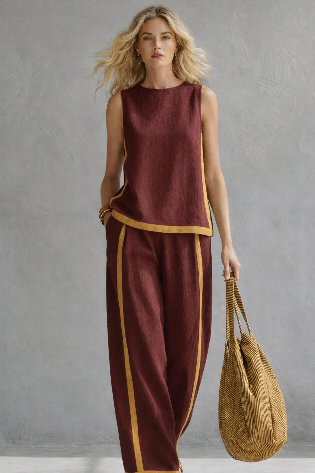 Women's Chic Linen Set with Loose Fit and Two-Tone Design 6