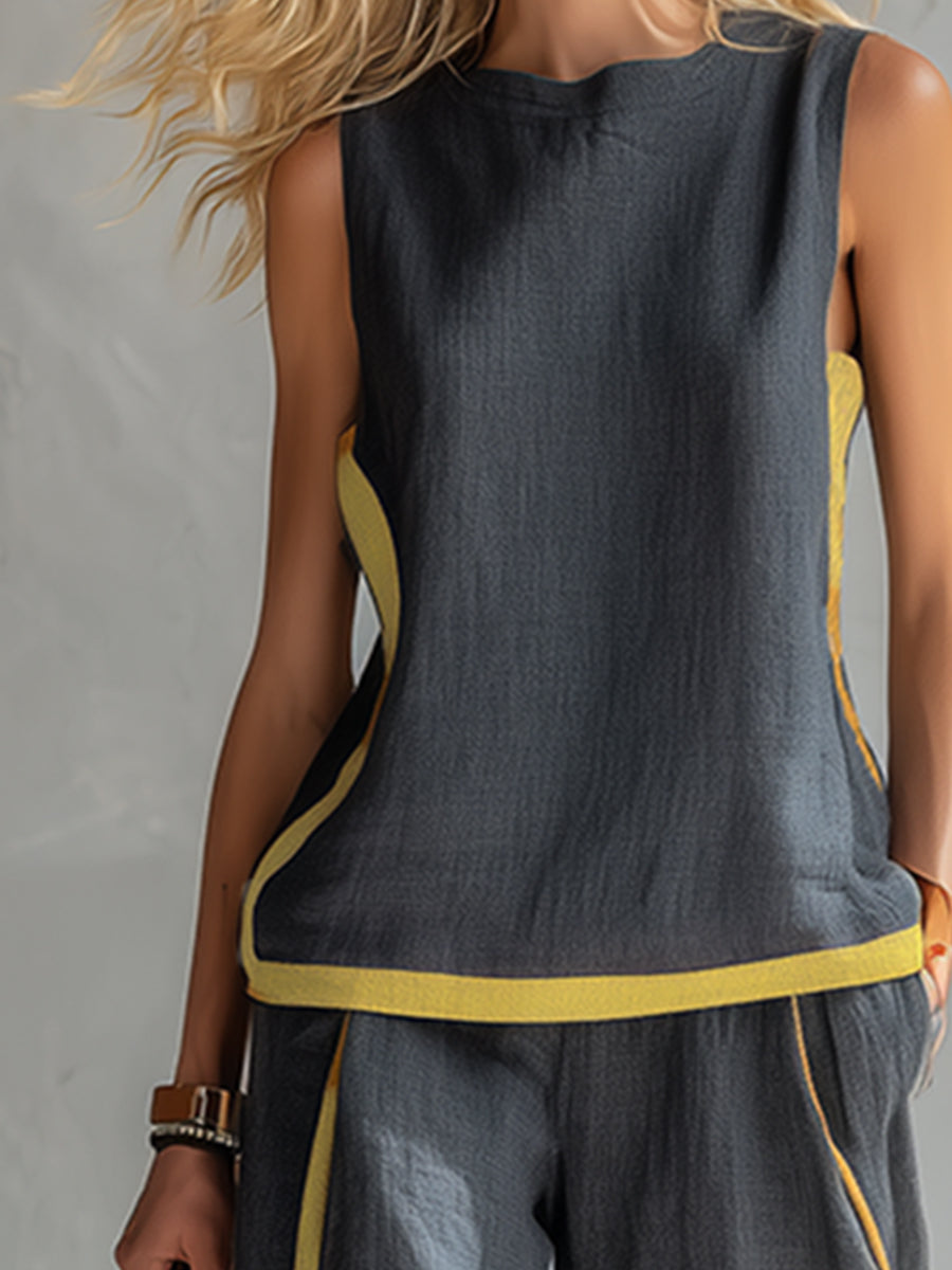 Women's Chic Linen Set with Loose Fit and Two-Tone Design 7