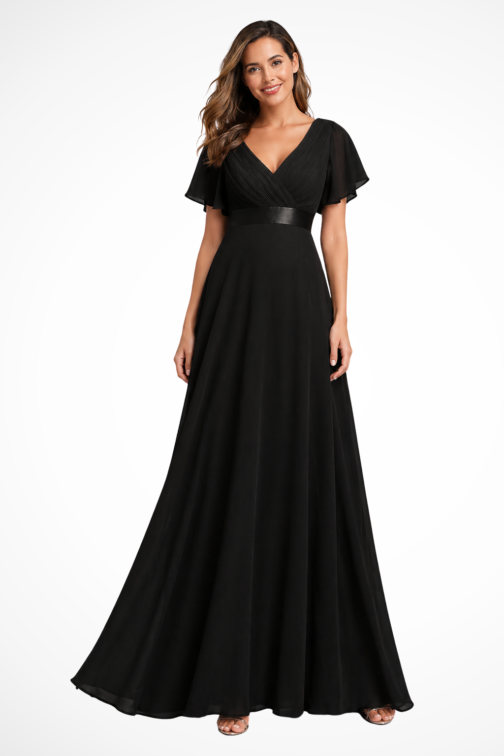 Women’s Chiffon Maxi Dress with Flutter Sleeves and V-Neck for Formal Occasions 0