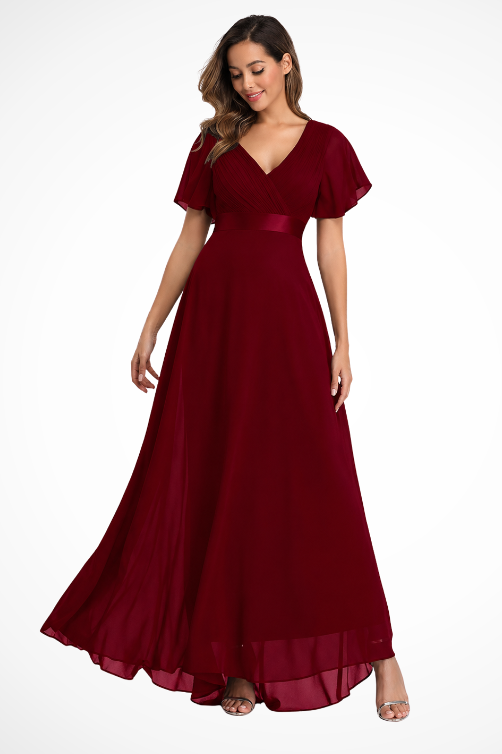 Women’s Chiffon Maxi Dress with Flutter Sleeves and V-Neck for Formal Occasions 2