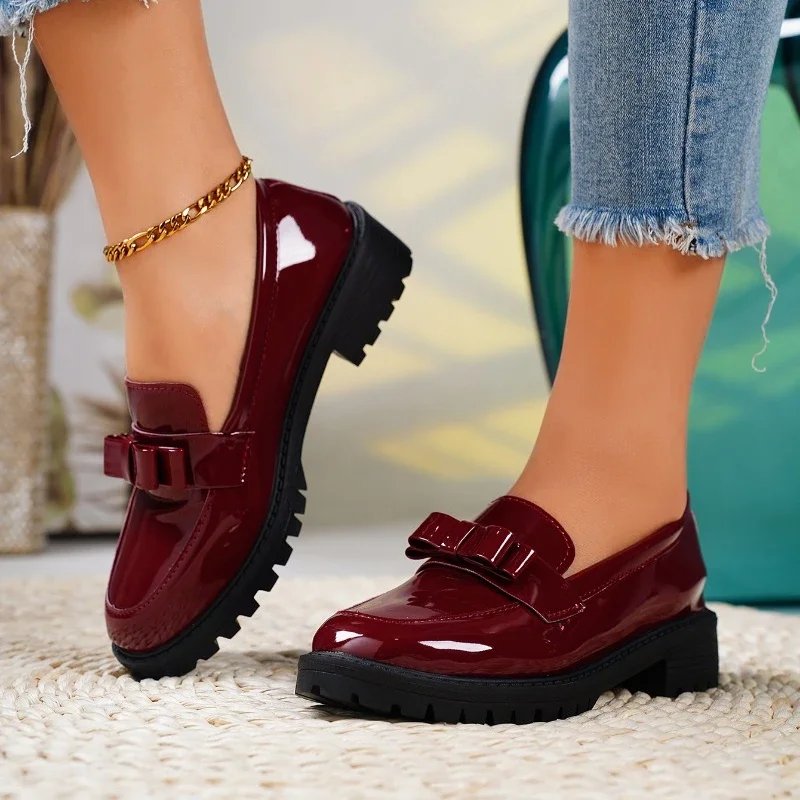 Women’s Chunky Patent Leather Loafers with Bow Detail and Orthopedic Support 0