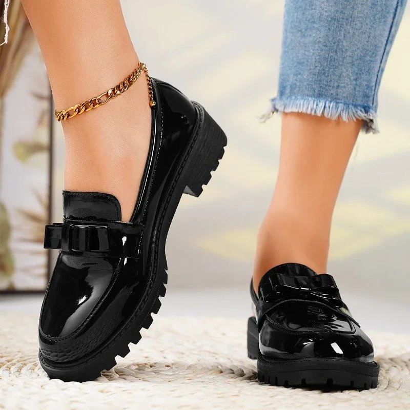 Women’s Chunky Patent Leather Loafers with Bow Detail and Orthopedic Support 5