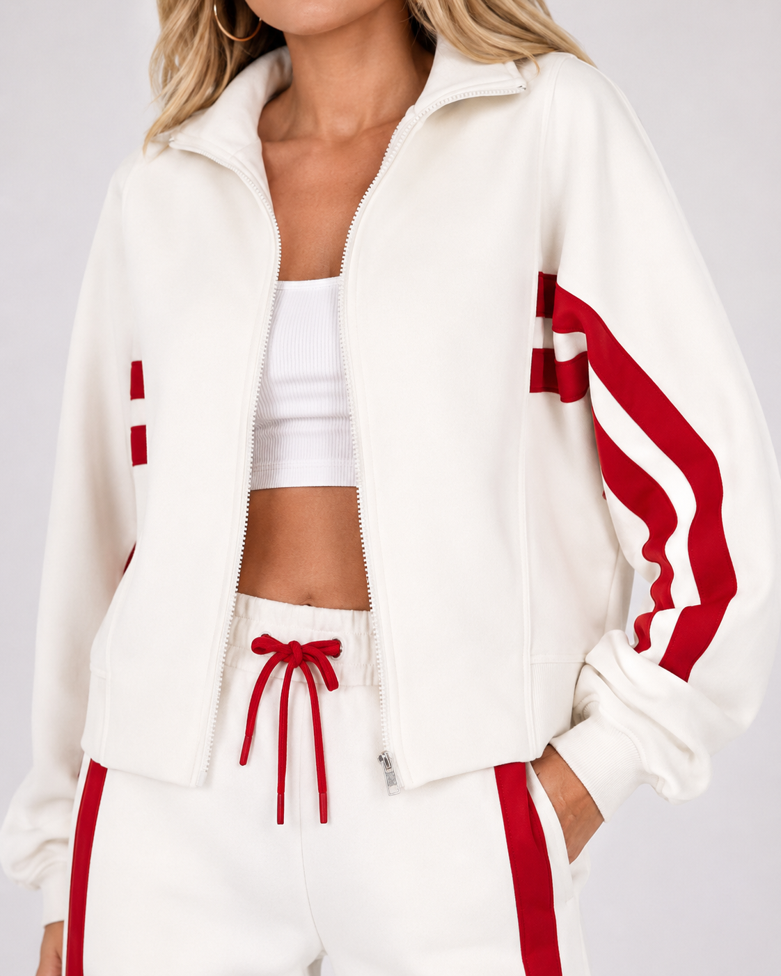 Women’s Contrast Stripe Loungewear Tracksuit Set with Zip-Up Jacket 022