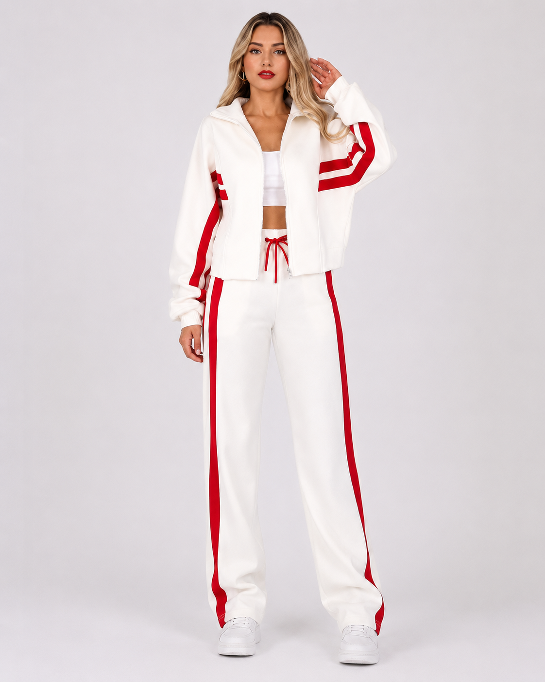 Women’s Contrast Stripe Loungewear Tracksuit Set with Zip-Up Jacket 033