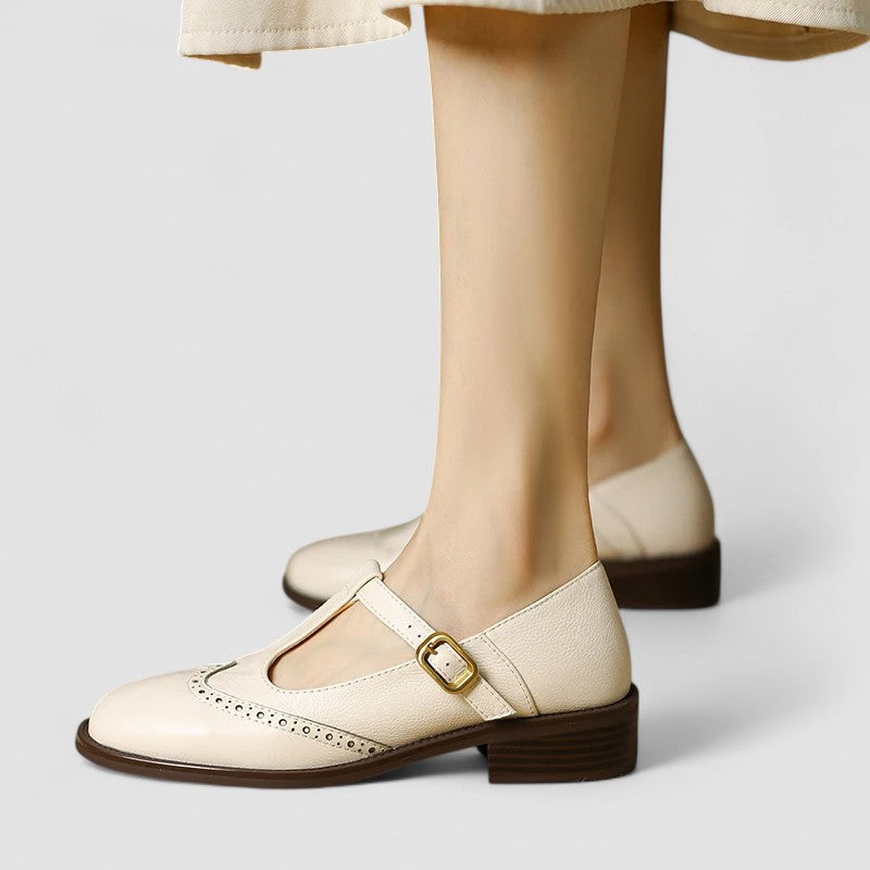 Women’s Cream Mary Jane Ballet Flats with Adjustable Strap and Gold Buckle 0