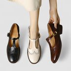 Women’s Cream Mary Jane Ballet Flats with Adjustable Strap and Gold Buckle 1