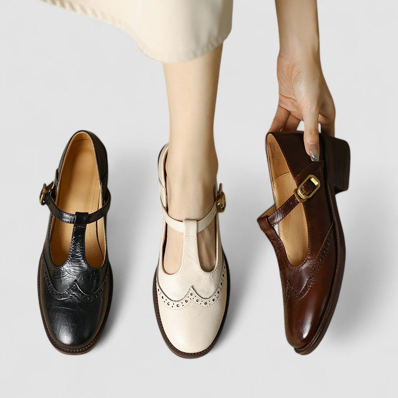 Women’s Cream Mary Jane Ballet Flats with Adjustable Strap and Gold Buckle 1