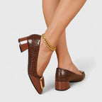 Women’s Croc-Embossed Loafers with Block Heel and Gold-Tone Chain Detail 0