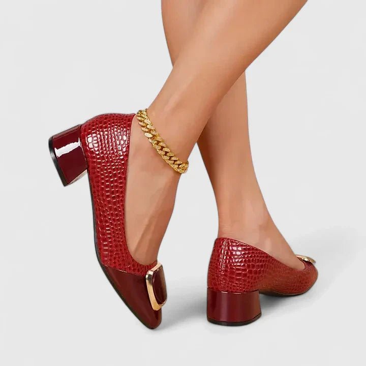 Women’s Croc-Embossed Loafers with Block Heel and Gold-Tone Chain Detail 1