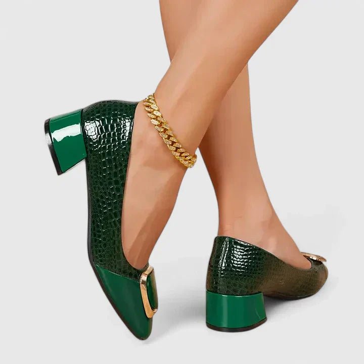 Women’s Croc-Embossed Loafers with Block Heel and Gold-Tone Chain Detail 2