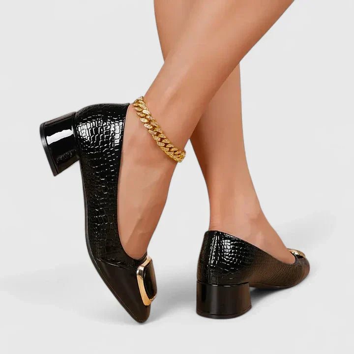 Women’s Croc-Embossed Loafers with Block Heel and Gold-Tone Chain Detail 3