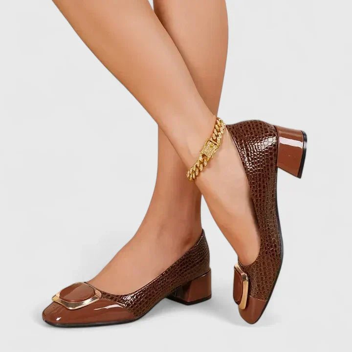 Women’s Croc-Embossed Loafers with Block Heel and Gold-Tone Chain Detail 4