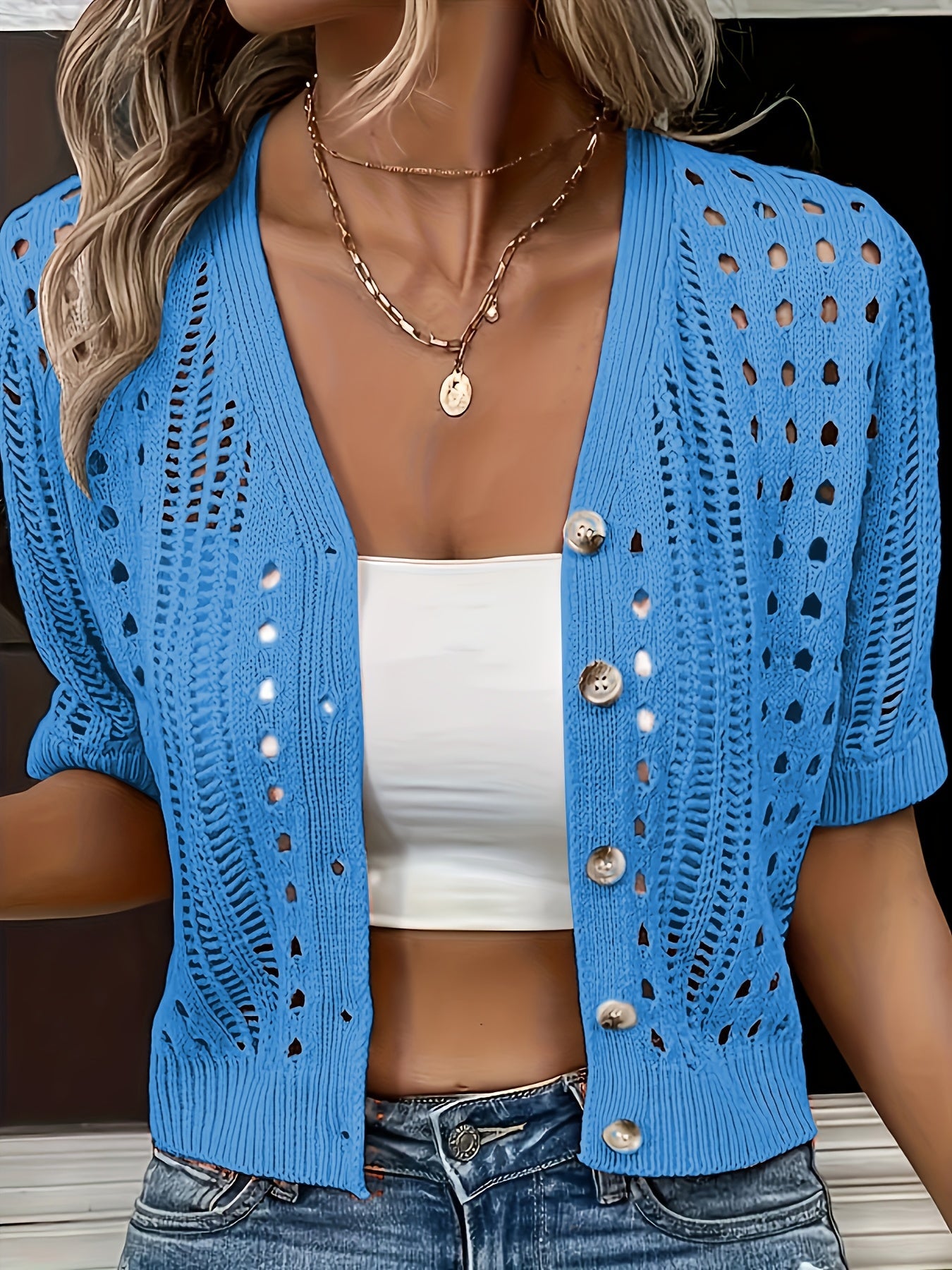 Women’s Crochet Knit Cardigan with V-Neck and Cut-Out Design 5