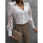 Women’s Cutwork Lace Sleeve Blouse with Pointed Collar and Regular Fit 0