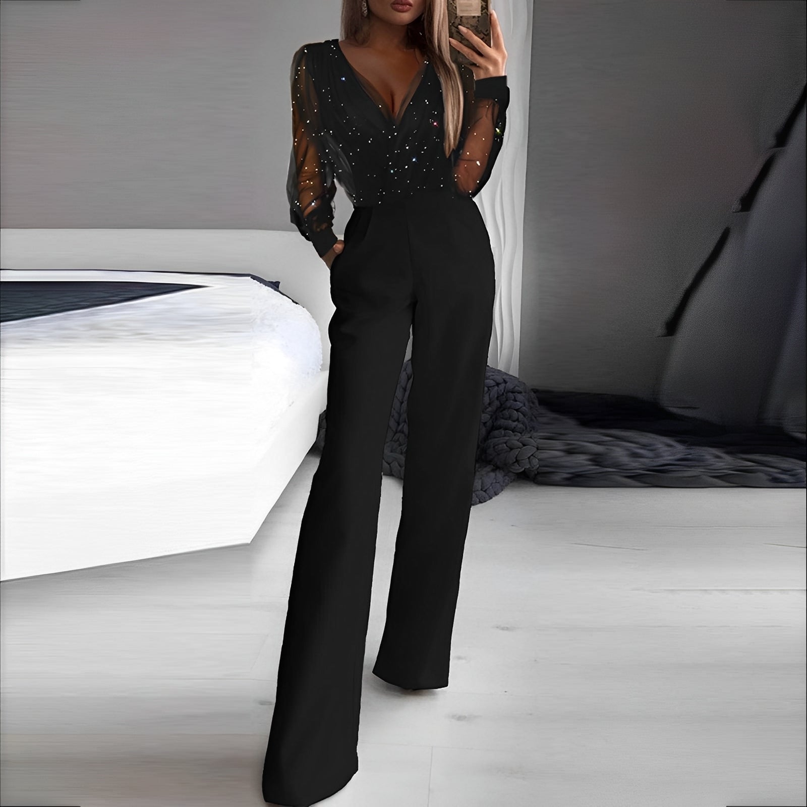 Women’s Elegant Jumpsuit in High-Quality Fabric with V-Neck and Wide Legs 0