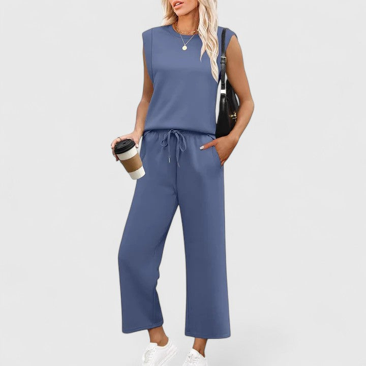 Women’s Elegant Two-Piece Set with Round Neckline and Wide-Leg Pants 0