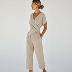Women’s Elegant Two-Piece Set with Wrap-Front Top and Tailored Trousers 222