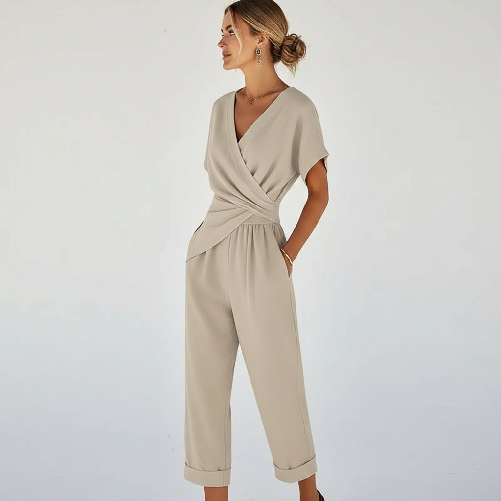Women’s Elegant Two-Piece Set with Wrap-Front Top and Tailored Trousers 222