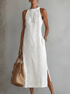 Women’s Embroidered Sleeveless Midi Dress in Lightweight Fabric with Round Neckline 0