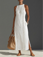 Women’s Embroidered Sleeveless Midi Dress in Lightweight Fabric with Round Neckline 1