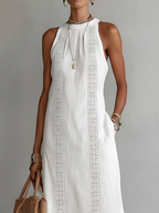 Women’s Embroidered Sleeveless Midi Dress in Lightweight Fabric with Round Neckline 3