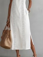 Women’s Embroidered Sleeveless Midi Dress in Lightweight Fabric with Round Neckline 4