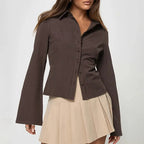 Women’s Fitted Ribbed Blouse with Flared Sleeves and Point Collar 0