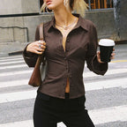 Women’s Fitted Ribbed Blouse with Flared Sleeves and Point Collar 1