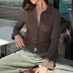 Women’s Fitted Ribbed Blouse with Flared Sleeves and Point Collar 2