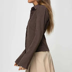 Women’s Fitted Ribbed Blouse with Flared Sleeves and Point Collar 3