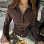 Women’s Fitted Ribbed Blouse with Flared Sleeves and Point Collar 4