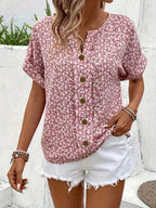 Women’s Floral Blouse with Short Puff Sleeves and Notched V-Neck for Summer 2