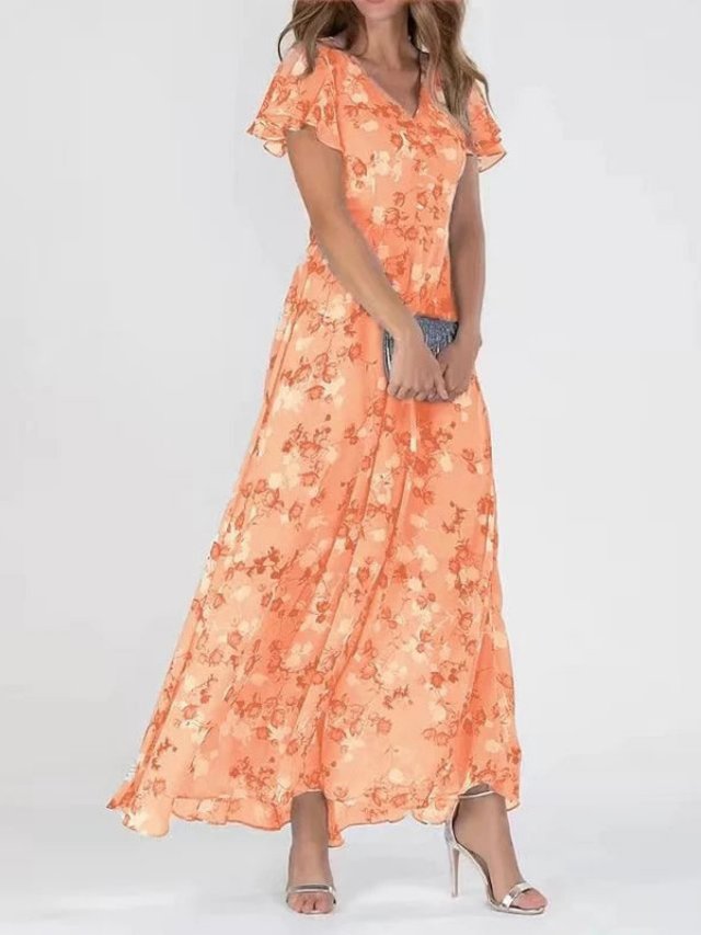 Women’s Floral Chiffon Maxi Dress with V-Neck and Flutter Sleeves for Summer Weddings 0