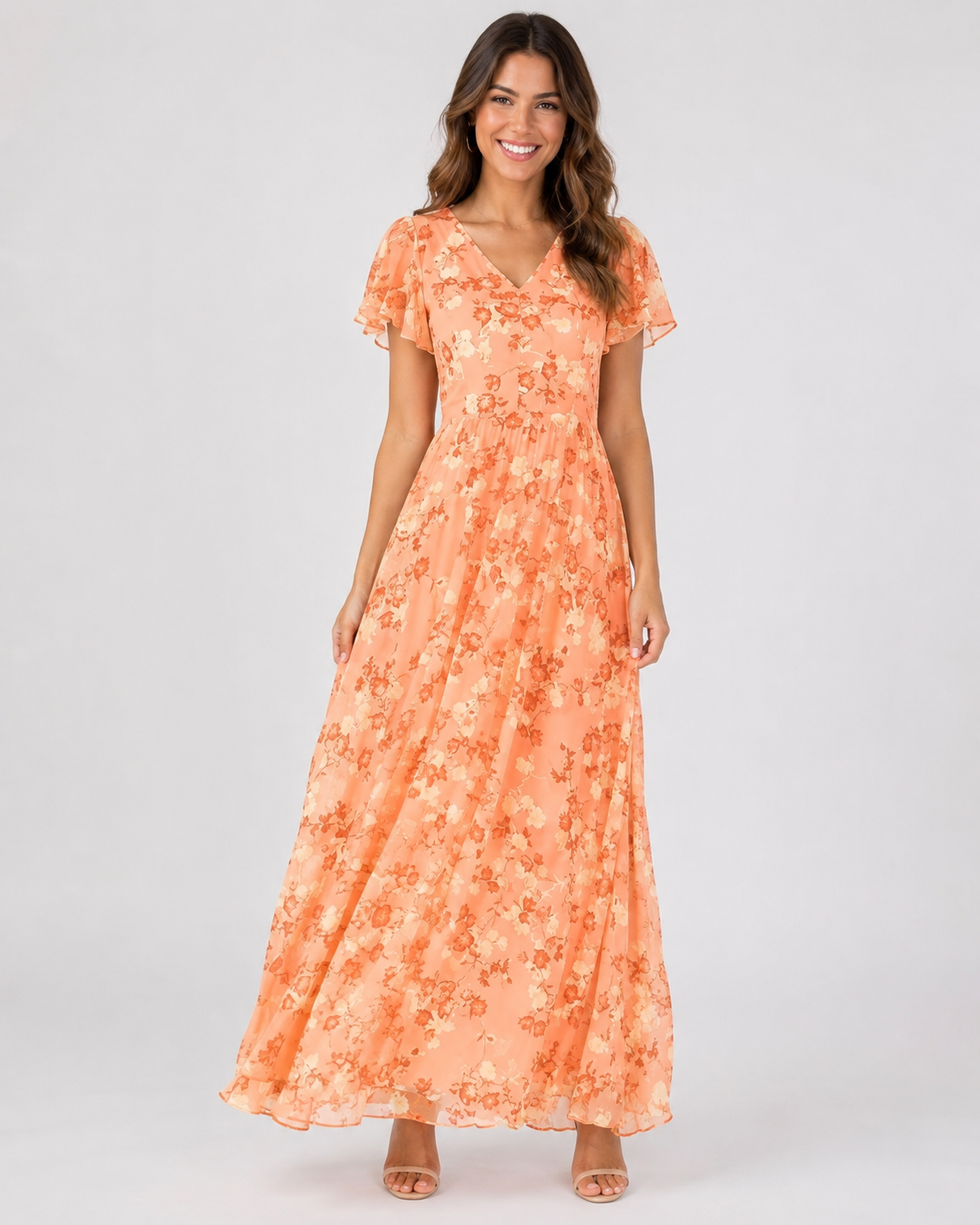 Women’s Floral Chiffon Maxi Dress with V-Neck and Flutter Sleeves for Summer Weddings 01
