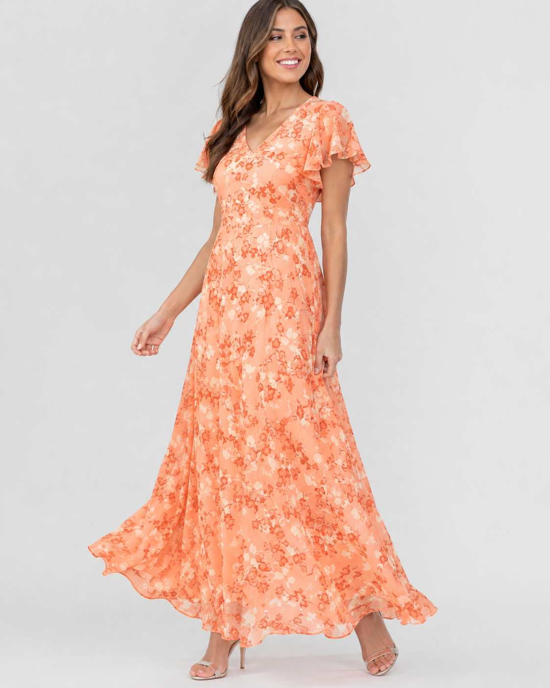 Women’s Floral Chiffon Maxi Dress with V-Neck and Flutter Sleeves for Summer Weddings 02