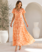 Women’s Floral Chiffon Maxi Dress with V-Neck and Flutter Sleeves for Summer Weddings 03