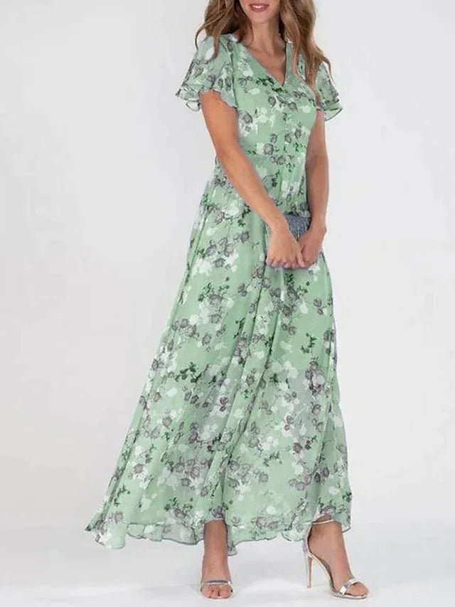 Women’s Floral Chiffon Maxi Dress with V-Neck and Flutter Sleeves for Summer Weddings 1