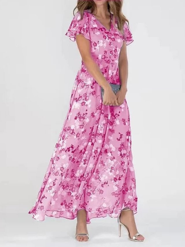 Women’s Floral Chiffon Maxi Dress with V-Neck and Flutter Sleeves for Summer Weddings 2