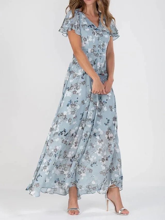 Women’s Floral Chiffon Maxi Dress with V-Neck and Flutter Sleeves for Summer Weddings 3