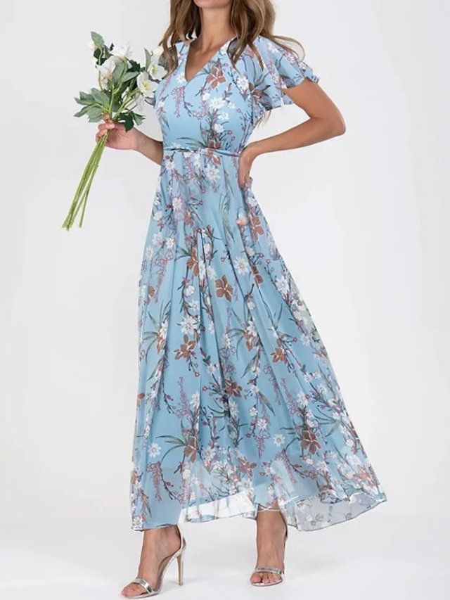 Women’s Floral Chiffon Maxi Dress with V-Neck and Flutter Sleeves for Summer Weddings 4