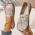 Women’s Floral Embroidered Loafers with Pearl Accents in Beige 0