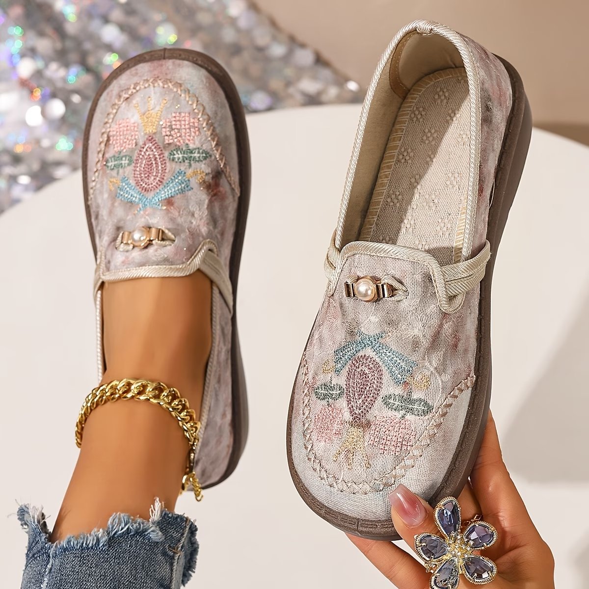 Women’s Floral Embroidered Loafers with Pearl Accents in Beige 0