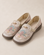 Women’s Floral Embroidered Loafers with Pearl Accents in Beige 01