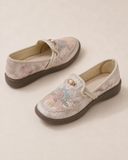 Women’s Floral Embroidered Loafers with Pearl Accents in Beige 02