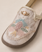 Women’s Floral Embroidered Loafers with Pearl Accents in Beige 03